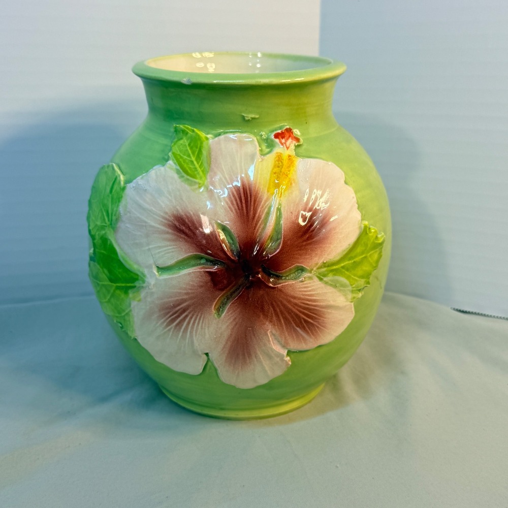 Kamani of Hawaii Vintage Pottery Vase Green 3D Hibiscus Flower Tropical Decor